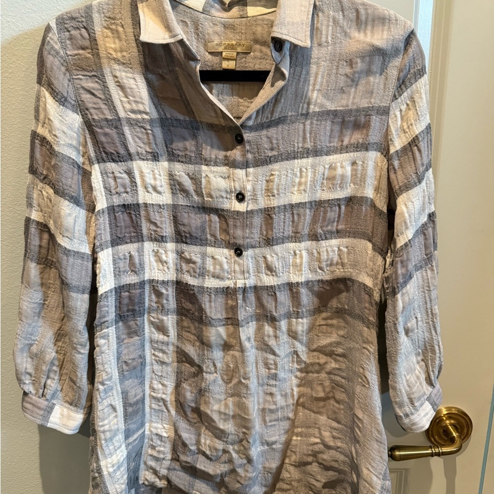 Burberry Gray and White Plaid Casual Shirt